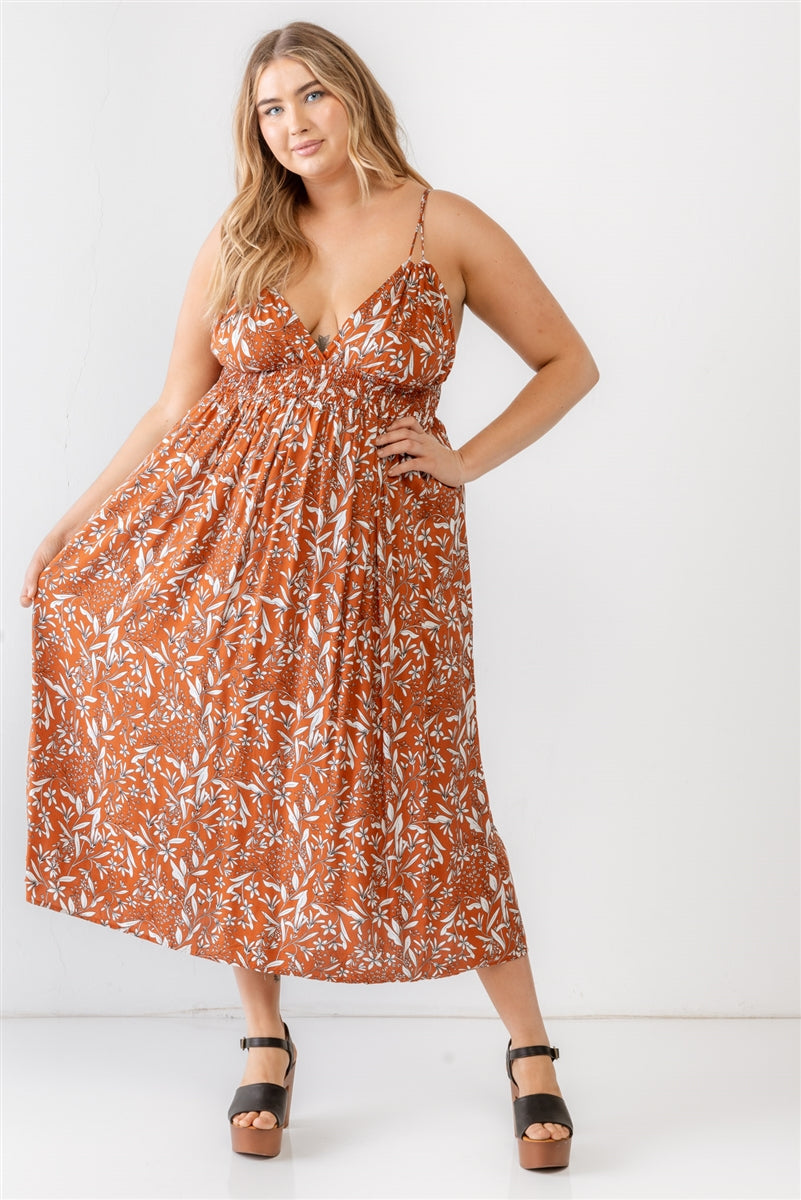 Plus Floral Smocked Waist Sleeveless Midi Dress