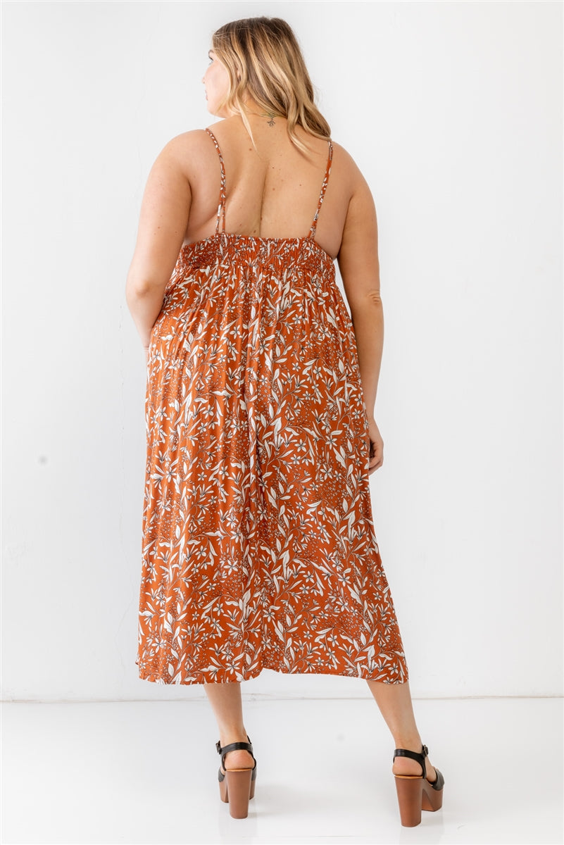 Plus Floral Smocked Waist Sleeveless Midi Dress