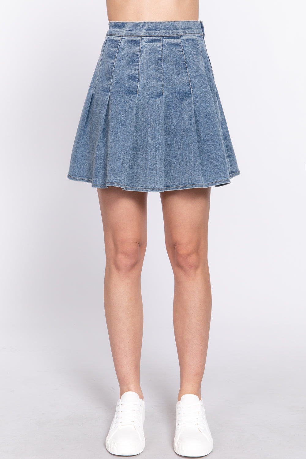 Side Zipper Pleats Detail Stretch Denim Mini Skirt