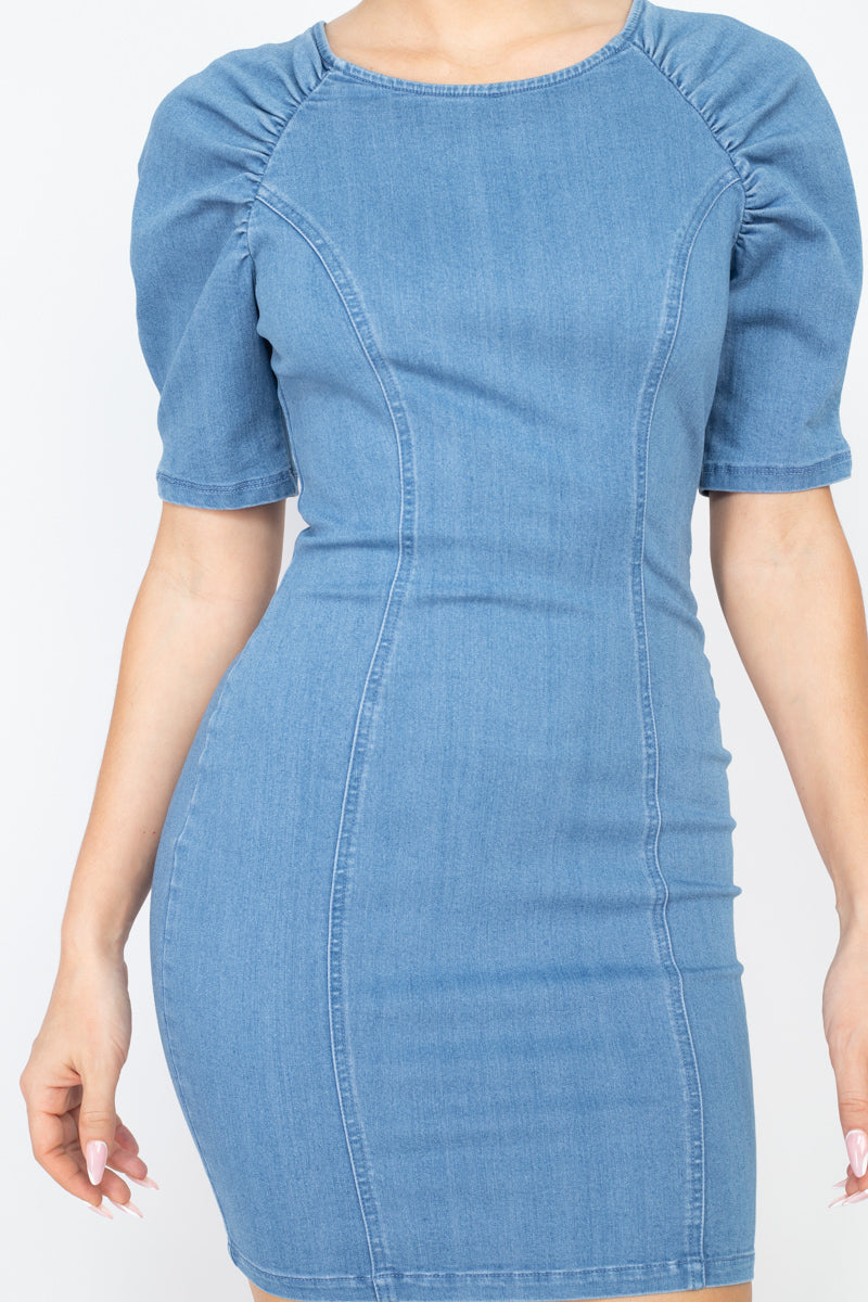 Puff Sleeve Seamed Denim Dress