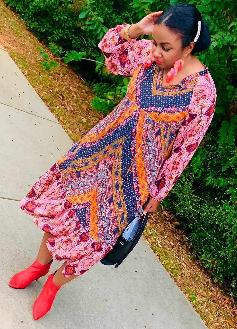 Scarf Mixed Print Long Puff Sleeve Keyhole Maxi Dress